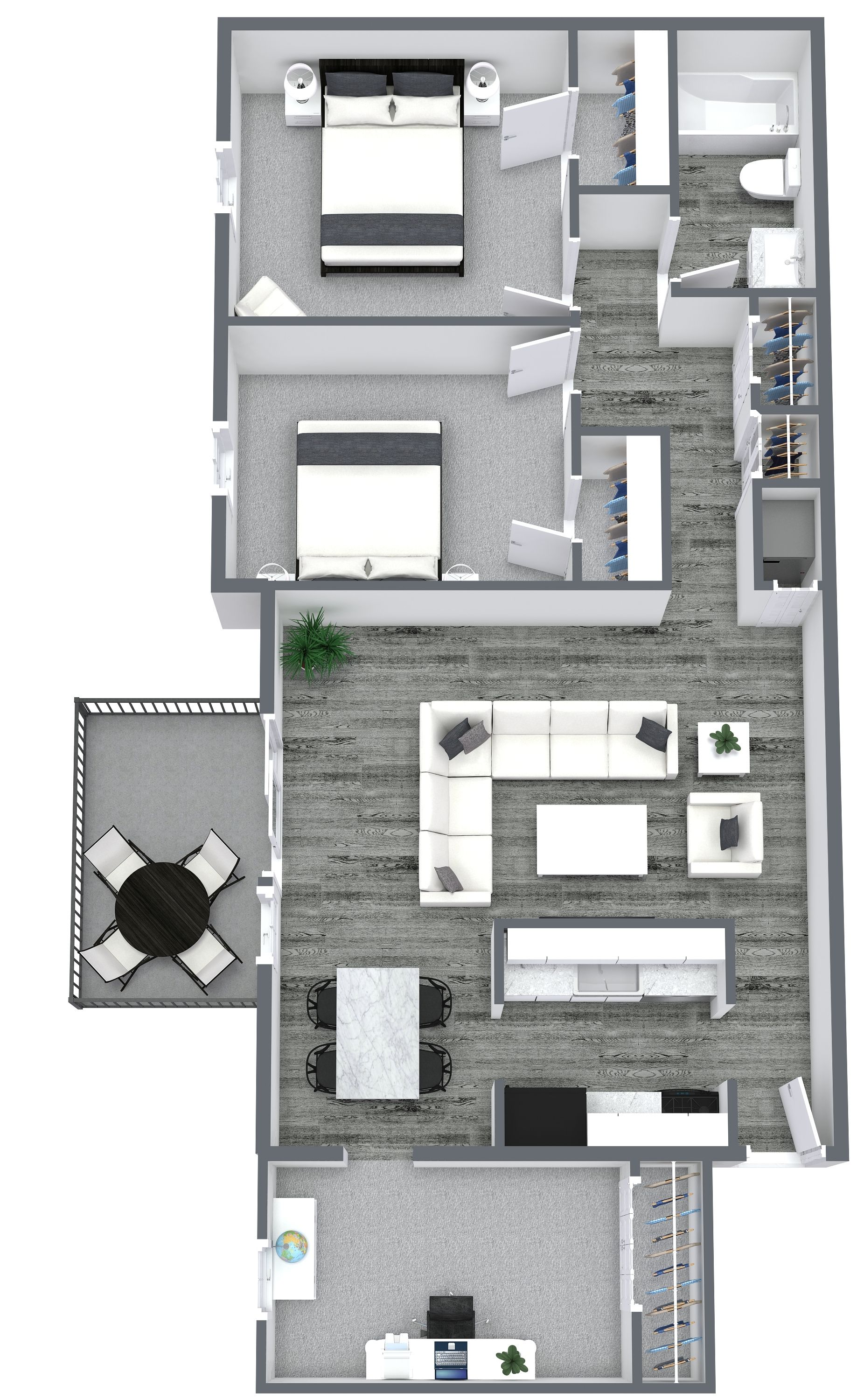 Floor plan of an apartment with two bedrooms, a living room, a kitchen, and a balcony with furniture.