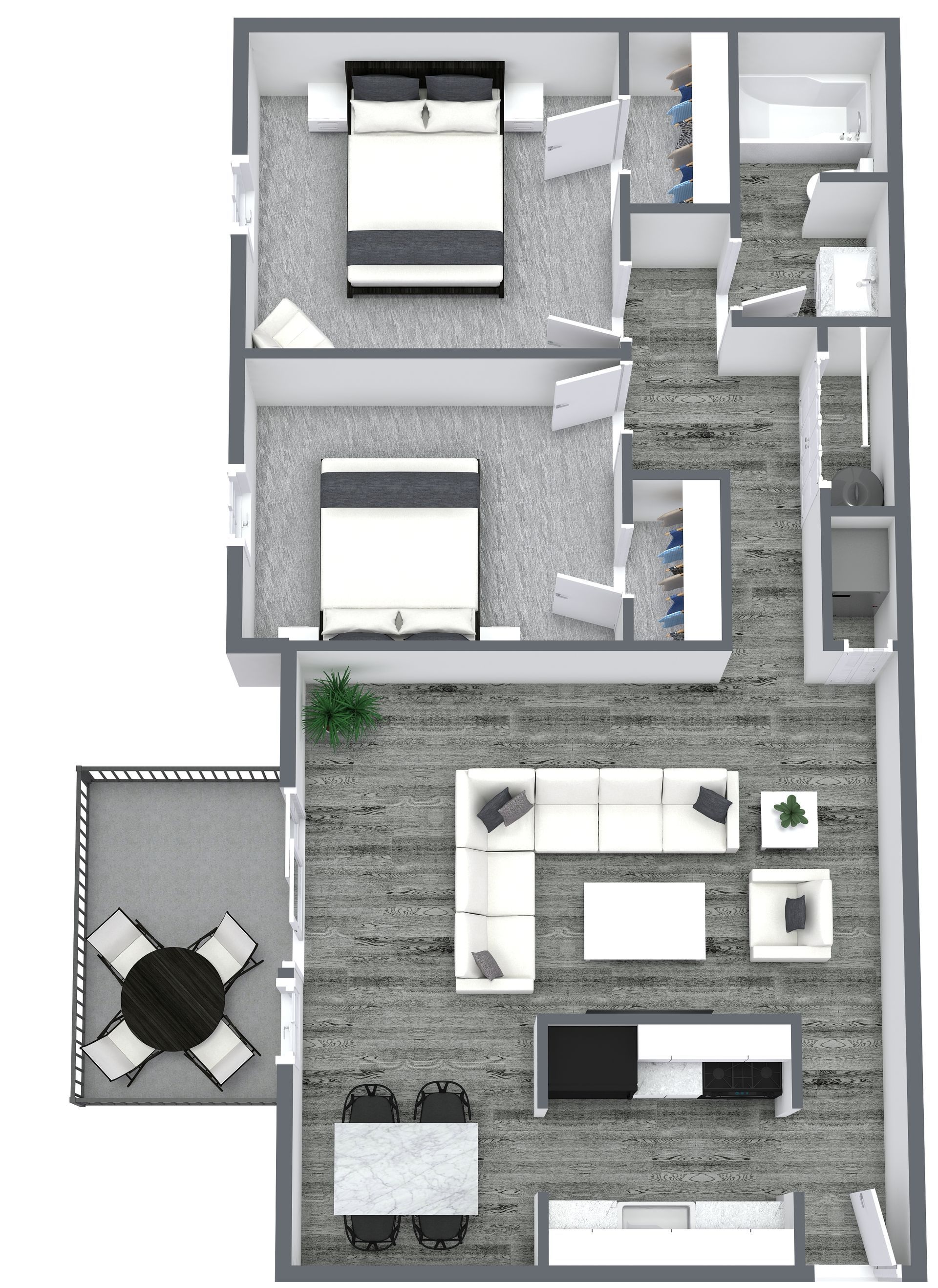 Floor plan of a two-bedroom apartment with furniture and a balcony.