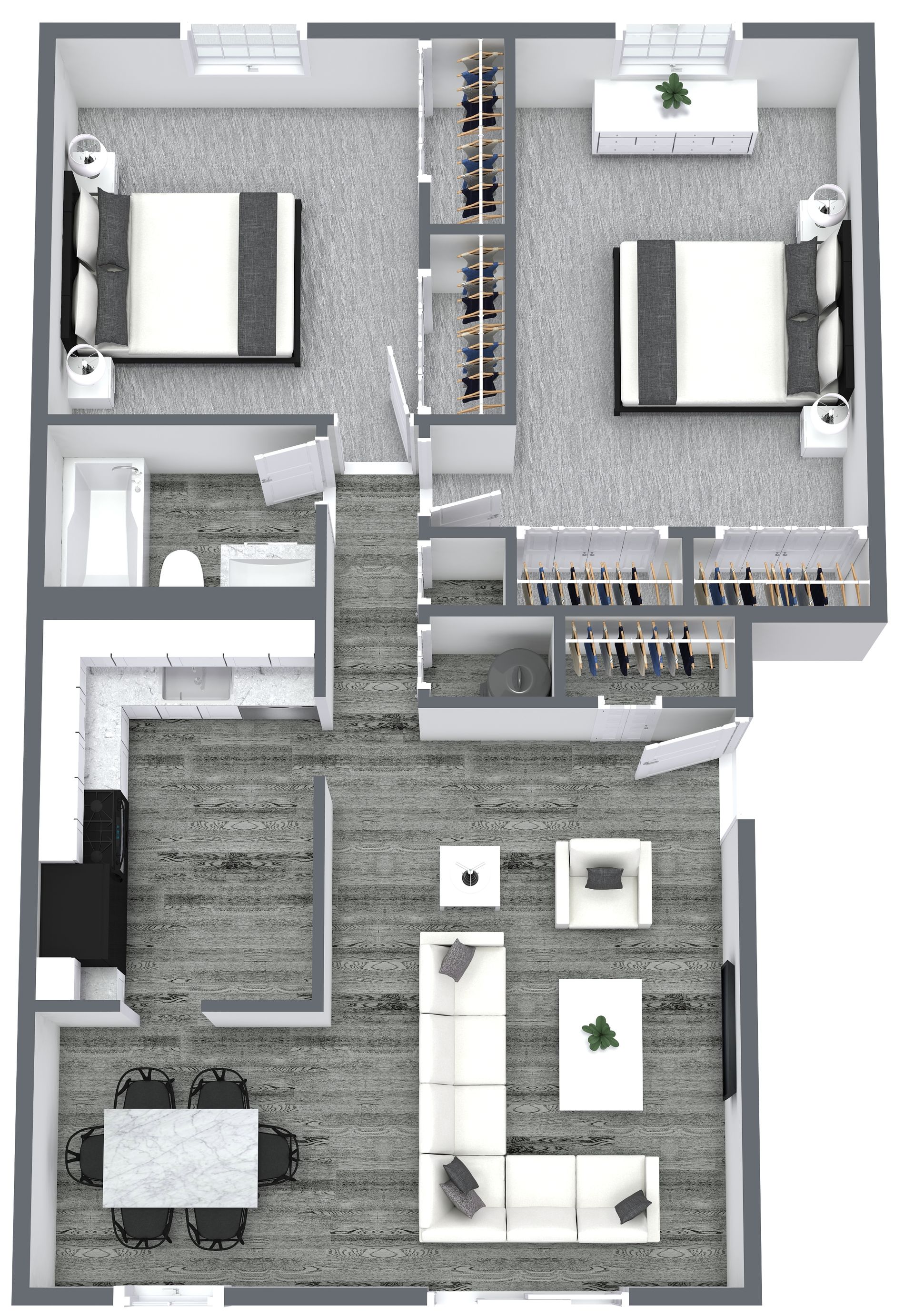 Floor plan of a modern apartment with two bedrooms, a kitchen, and a living area, in gray tones.