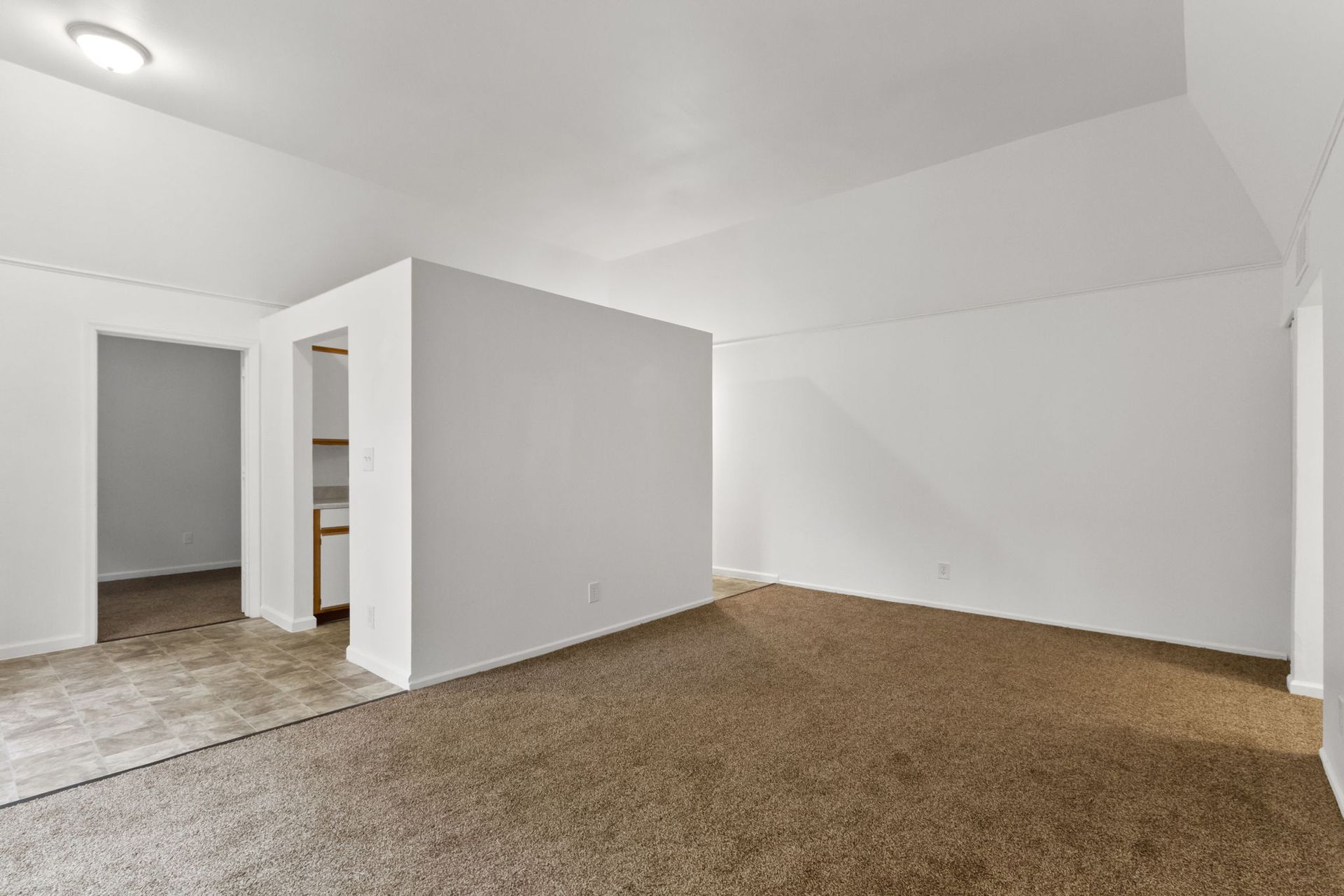 Empty living room with brown carpet and white walls, partial wall, doorway to kitchen.
