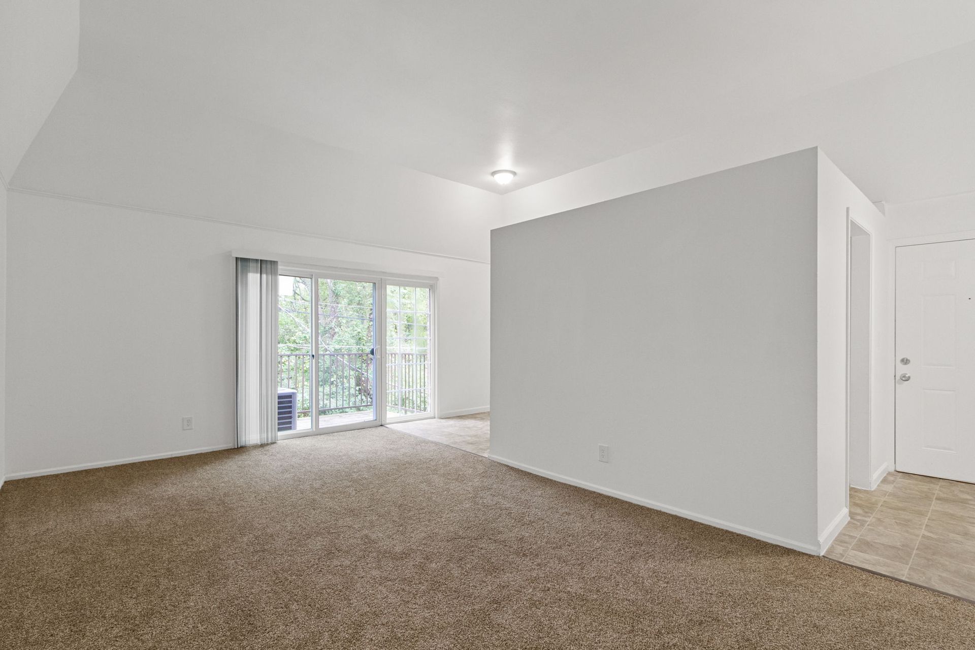 Empty room with beige carpet, white walls, and a sliding glass door leading to a balcony.