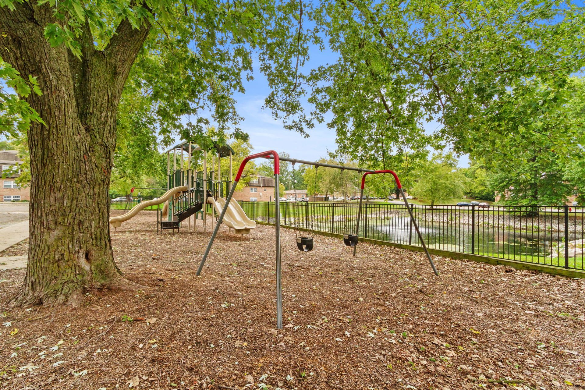 Playground with swings, slides, and a nearby pond, under a large tree.