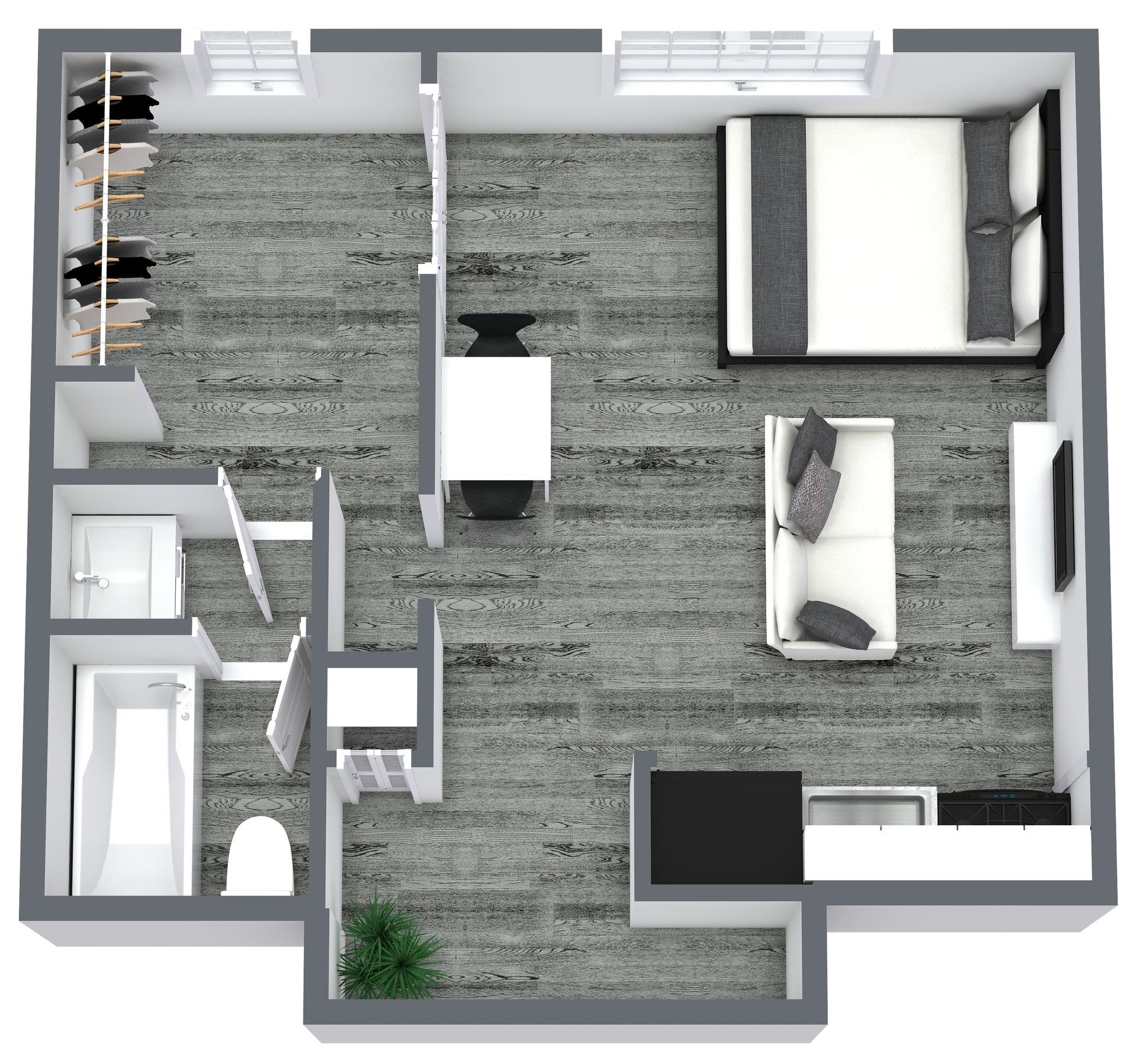 Floor plan of a studio apartment with bedroom, bathroom, and living area; neutral colors, gray carpet.