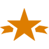 An orange star with two ribbons around it on a white background.