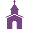 A purple church icon with a cross on top of it.