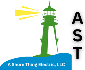 A logo for a shore thing electric llc with a lighthouse