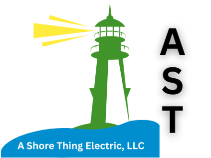 A logo for a shore thing electric llc with a lighthouse in the background