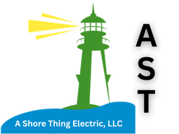 The logo for a shore thing electric llc has a lighthouse on it