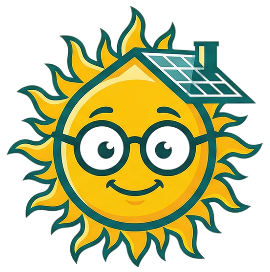 A yellow cartoon sun with a friendly face and glasses, wearing a roof section with solar panels and a chimney.