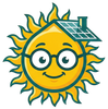 A yellow cartoon sun with a friendly face and glasses, wearing a roof section with solar panels and a chimney.