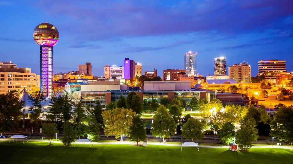 A city skyline at night with a park in the foreground.