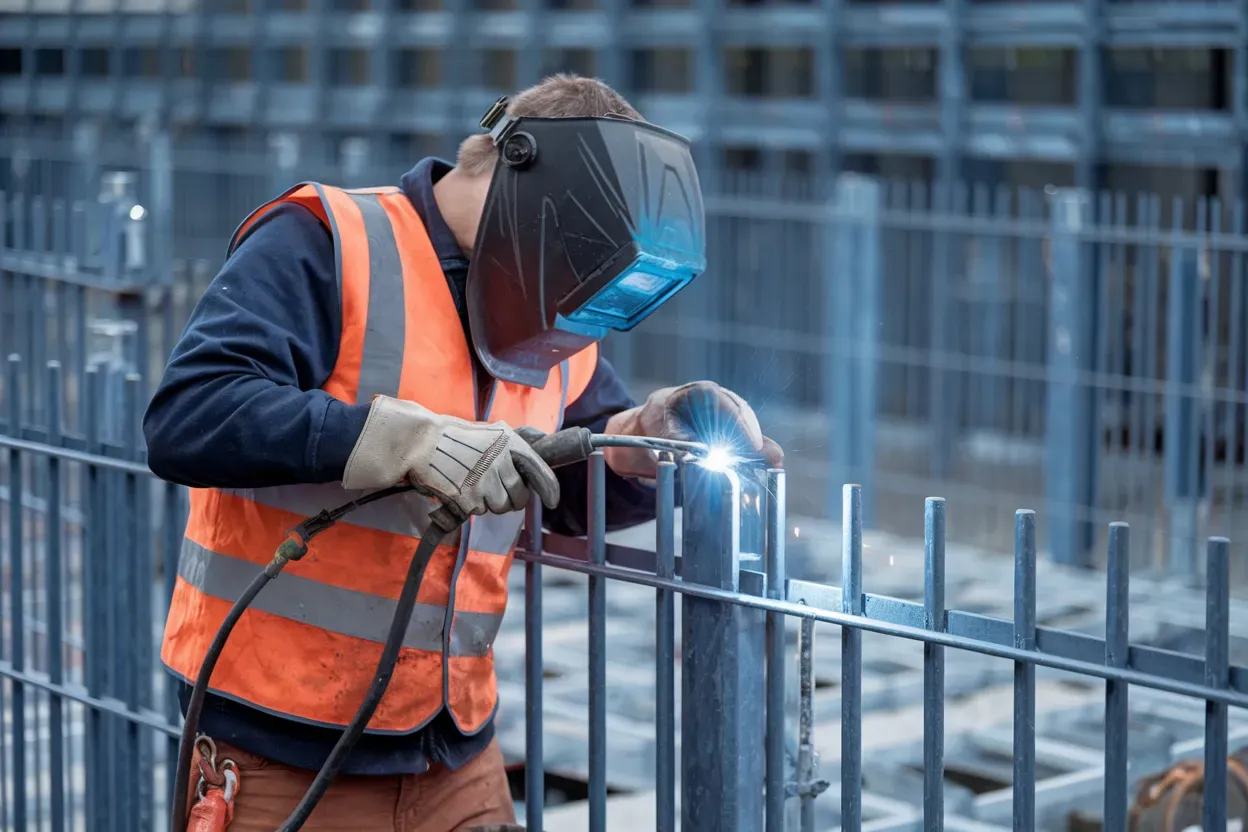 A man wearing a welding mask is welding a metal fence.