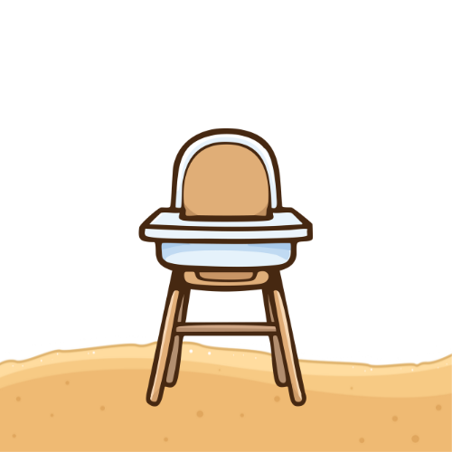 A cartoon-style, light brown baby high chair with a tray, on a beige surface.