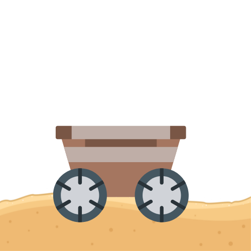 Wooden cart with dark wheels on sand.