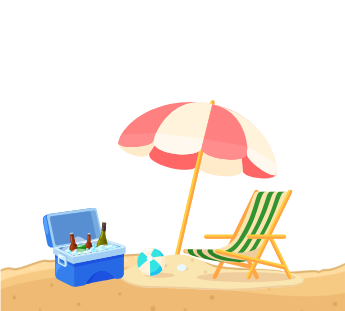 Beach scene with cooler, umbrella, beach chair, and ball.