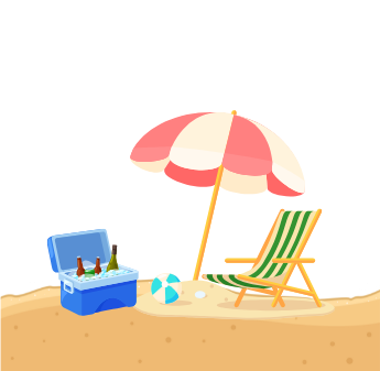 Beach scene with cooler, umbrella, beach chair, and ball.