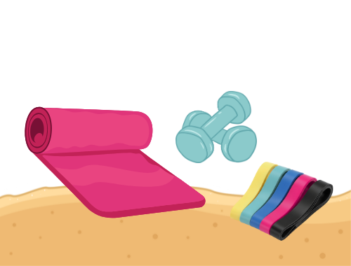 Pink yoga mat, blue dumbbells, and exercise resistance bands on a sandy surface.