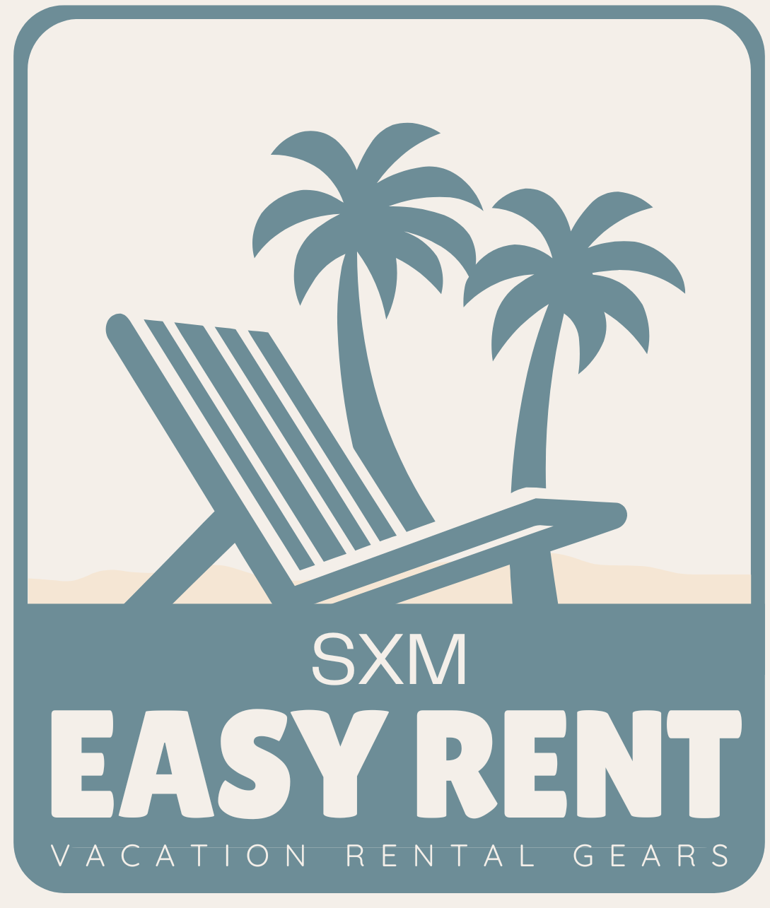 Logo for Easy Rent: a beach chair, palm trees, and text 