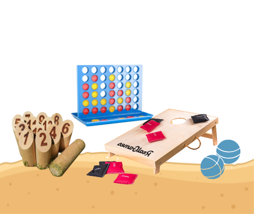 Outdoor games: skittles, Connect 4, cornhole, and bean bags on sand.