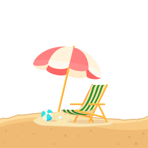 Beach scene with striped umbrella, chair, beach ball, and sand.