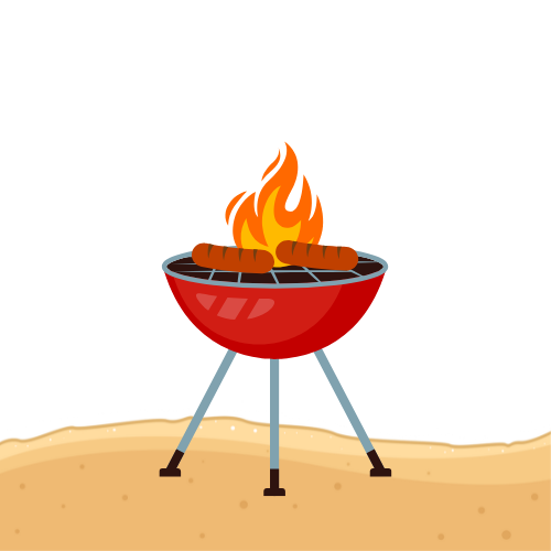 Red barbecue with burning flames, grilling sausages, set on sand.