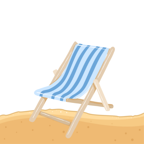 Beach chair on sand; blue and white striped fabric, wooden frame.