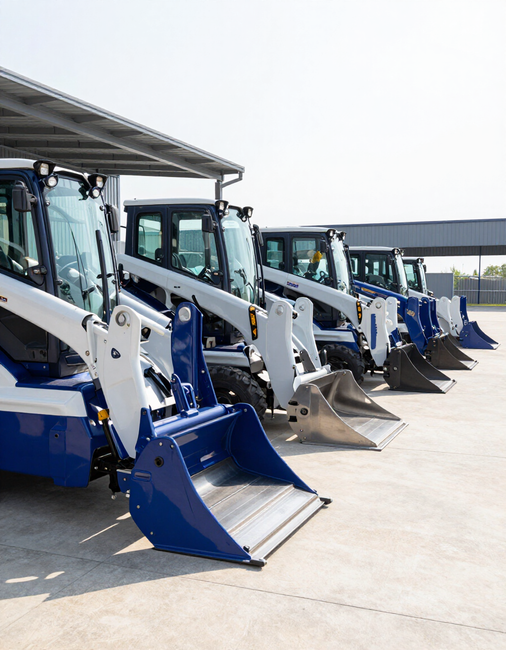 Fila de cargadoras de construcción azules y blancas estacionadas al aire libre bajo un toldo.