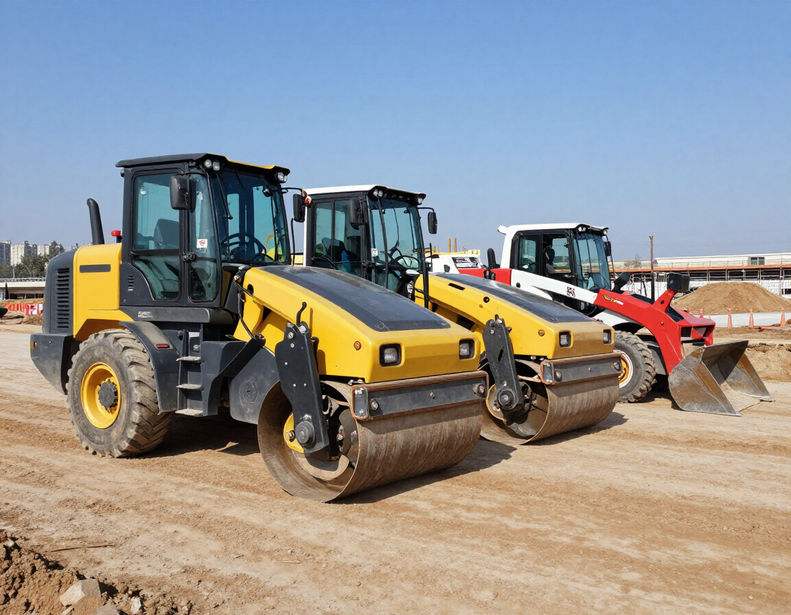Tres compactadoras en una obra de construcción, con máquinas amarillas, grises y rojas alineadas sobre la tierra.