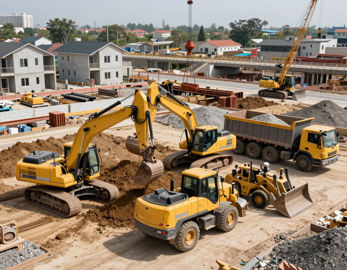 Obra en construcción con excavadoras amarillas y camiones volquete moviendo tierra junto a casas en construcción.