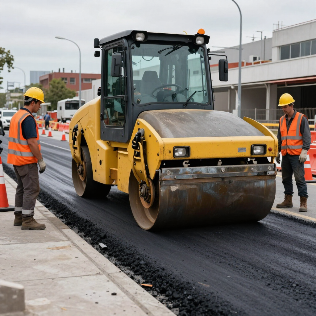 Una apisonadora amarilla pavimenta con asfalto nuevo una calle de la ciudad, con dos trabajadores con cascos cerca.