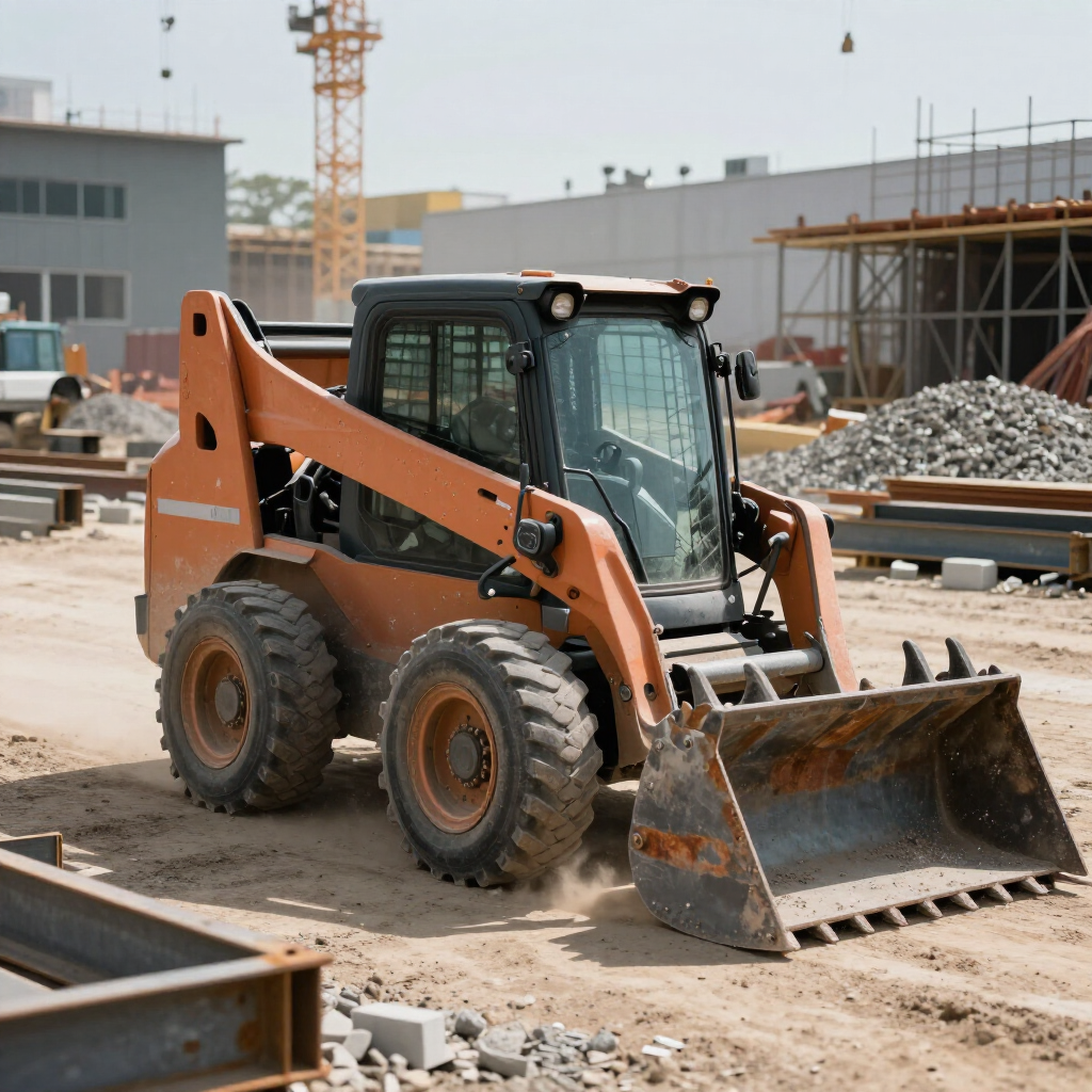 Minicargadora naranja en una obra de construcción con su pala bajada sobre la tierra.