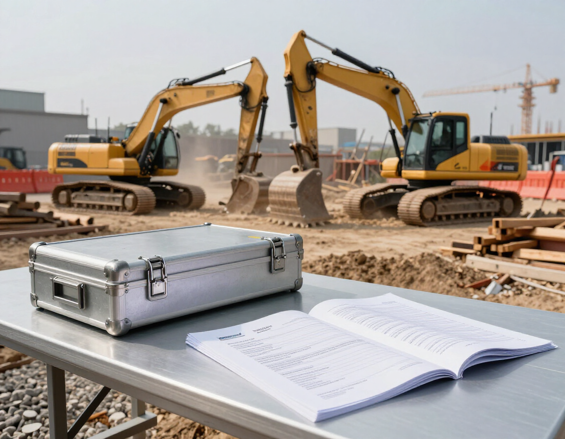 Maletín abierto y documentos sobre una mesa en una obra en construcción con excavadoras al fondo.