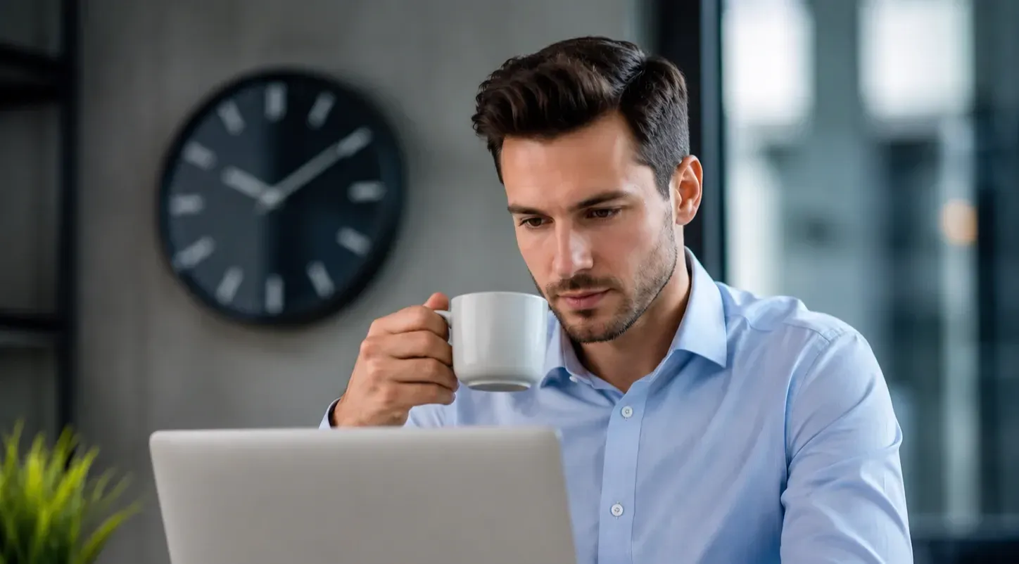 Professional reviewing work while staying hydrated, highlighting wellness and IV hydration benefits.