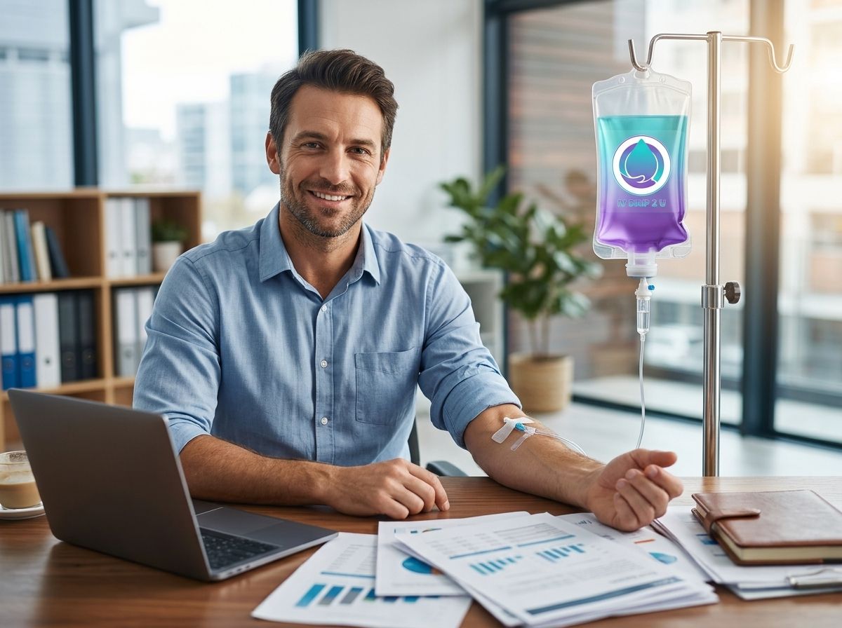 Man in blue shirt smiling at desk with laptop, reports, and IV bag in a bright office