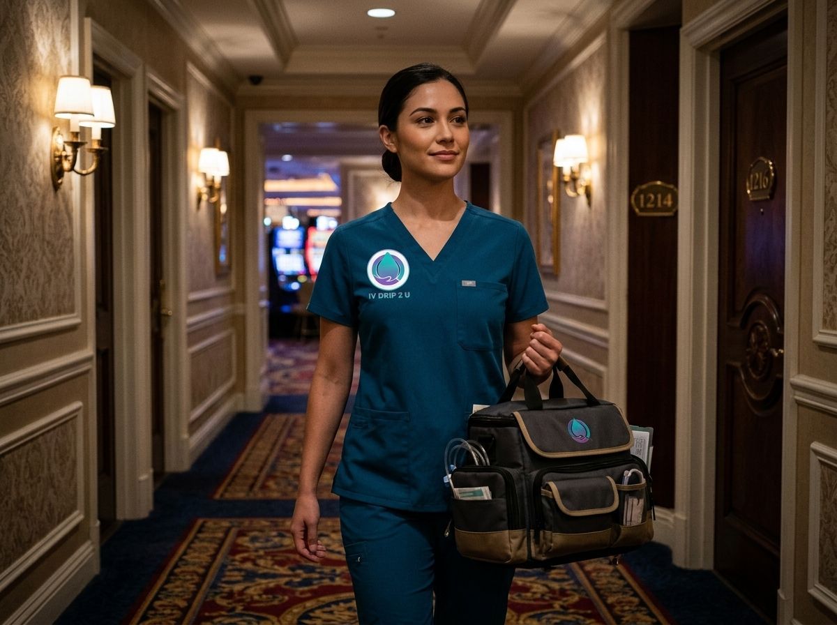 Hospital staff member in teal scrubs walking down a hotel hallway carrying a medical bag