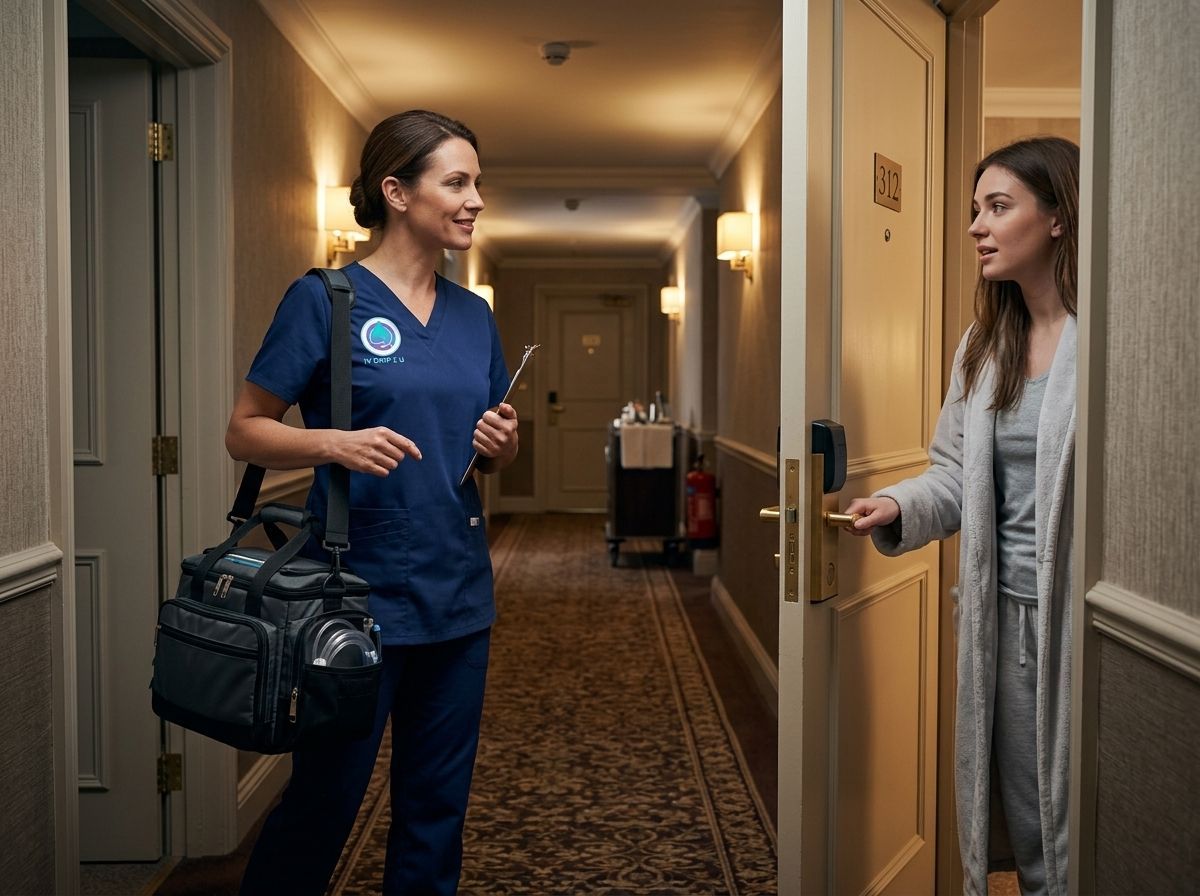 Nurse in blue scrubs speaking with a woman at a hotel room doorway, carrying a black bag in the hallway.
