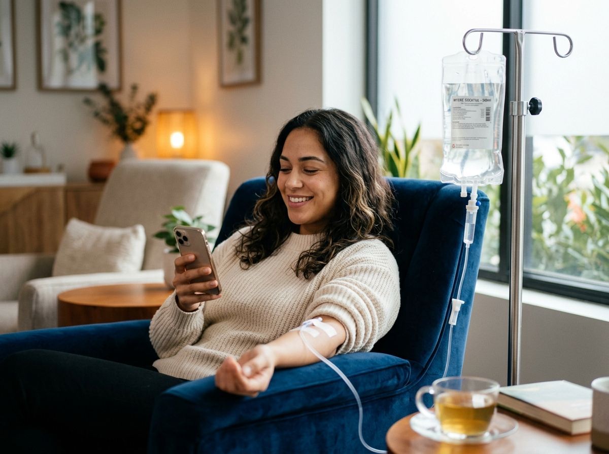 A person sitting in a blue armchair smiling at a phone while receiving an IV drip in a bright, modern living room.