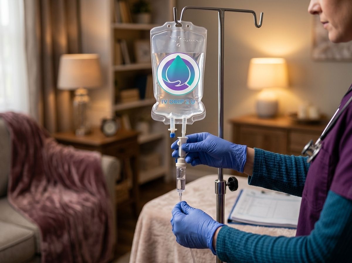 A person in medical scrubs and blue gloves prepares an IV drip bag in a home setting.