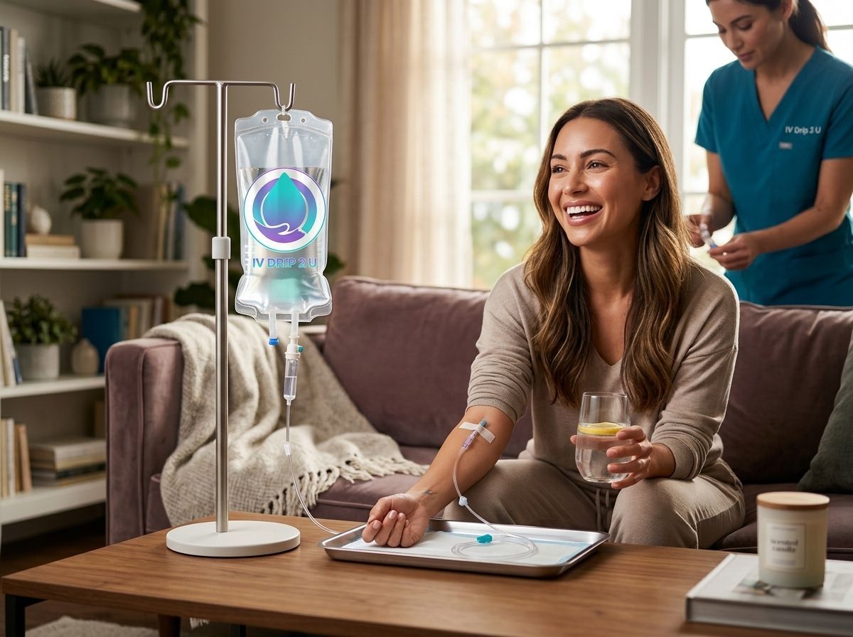 Woman smiling on a couch during an IV therapy session, with a clinician nearby in a bright living room.