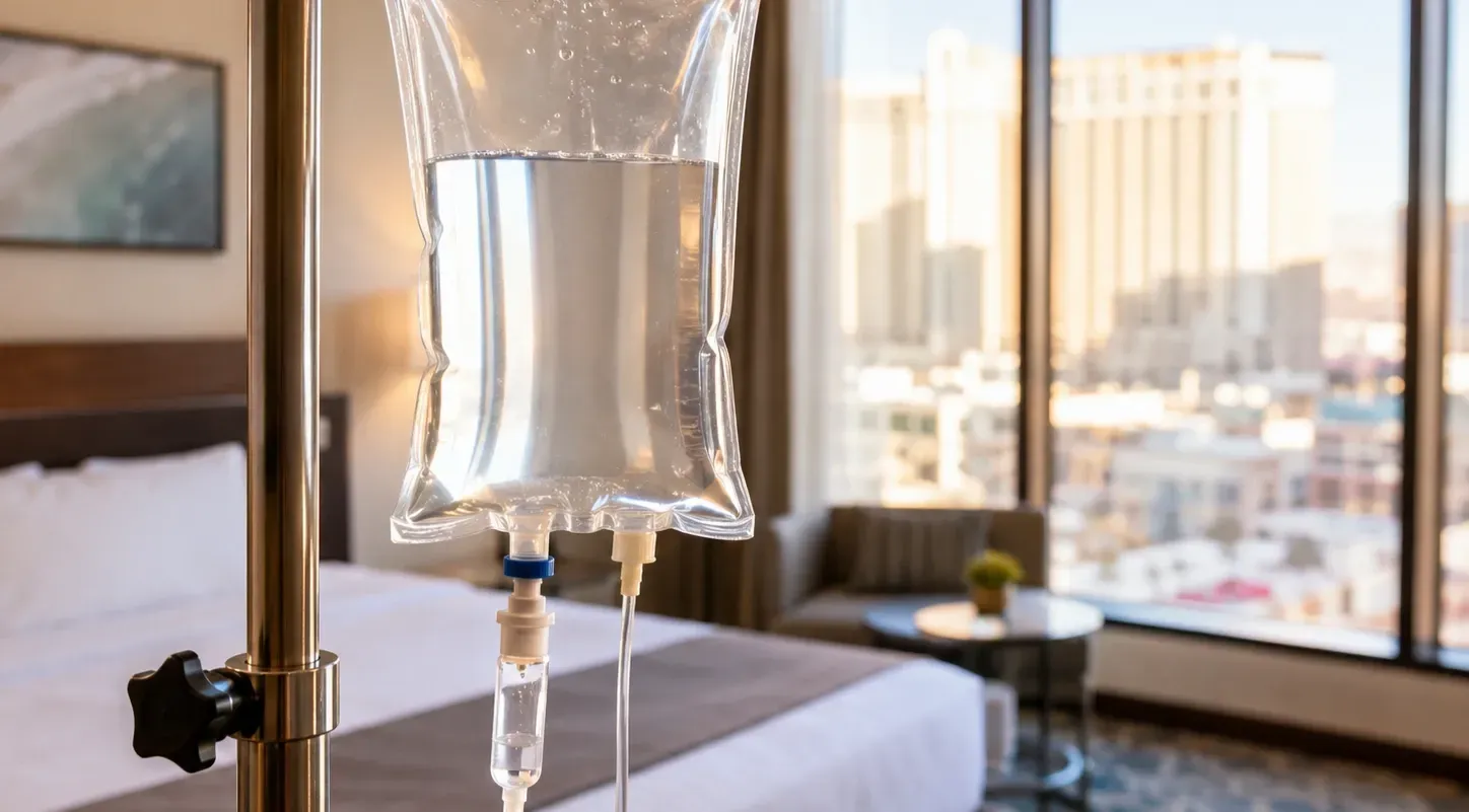 Mobile IV therapy setup in a modern hotel room with hydration bag and Las Vegas city view outside.