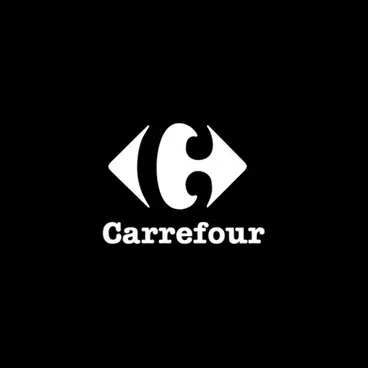 Logo Carrefour blanc sur fond noir. Le logo représente un « C » blanc dans un losange.