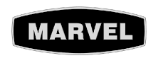 Black Marvel logo with silver letters inside a black oval with a silver outline.