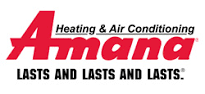 Amana heating and air conditioning logo with red text and the tagline 