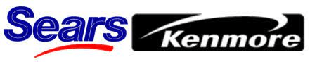 Sears and Kenmore logos combined, blue and red text, a black background with a white arch.