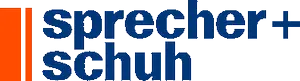A blue and orange logo for sprecher + schuh
