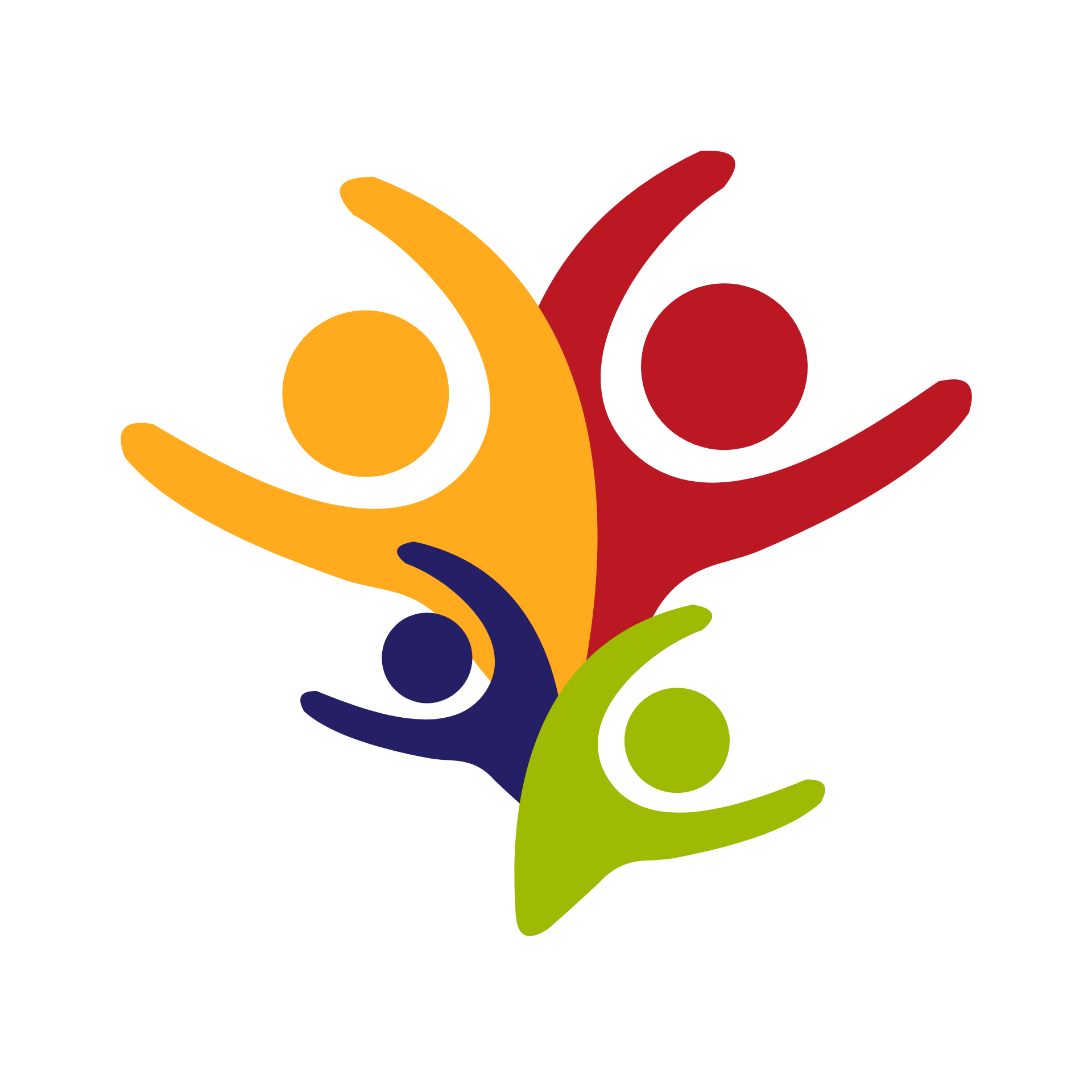 Group of people in yellow shirts and jeans with arms around each other, facing a sunny landscape.