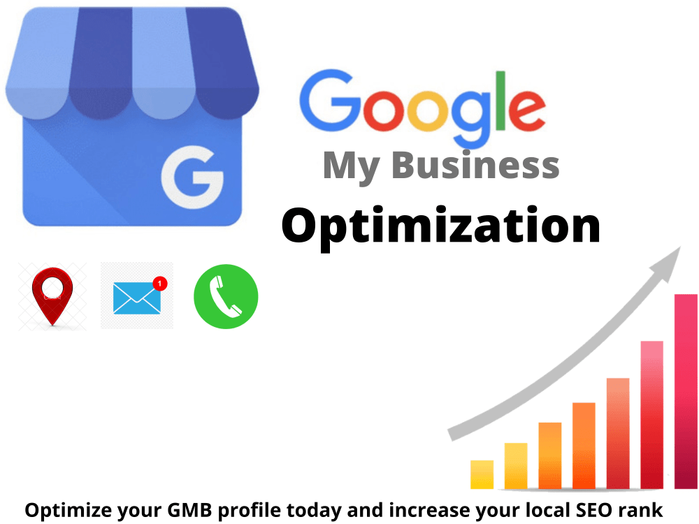 Graphic promoting Google My Business optimization. Includes Google logo, GMB icon, and an increasing bar graph.