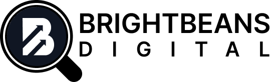 A logo for bright beans digital with a magnifying glass.
