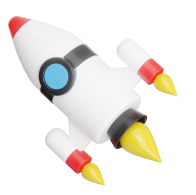 A cartoon rocket is flying through the air on a white background.