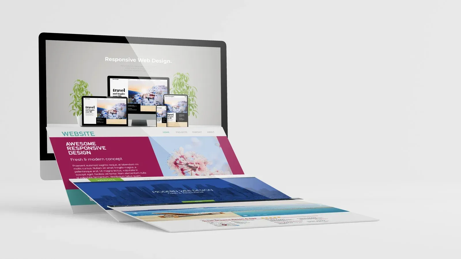 A computer screen displays a website design with various device mockups and several website page layouts in front.